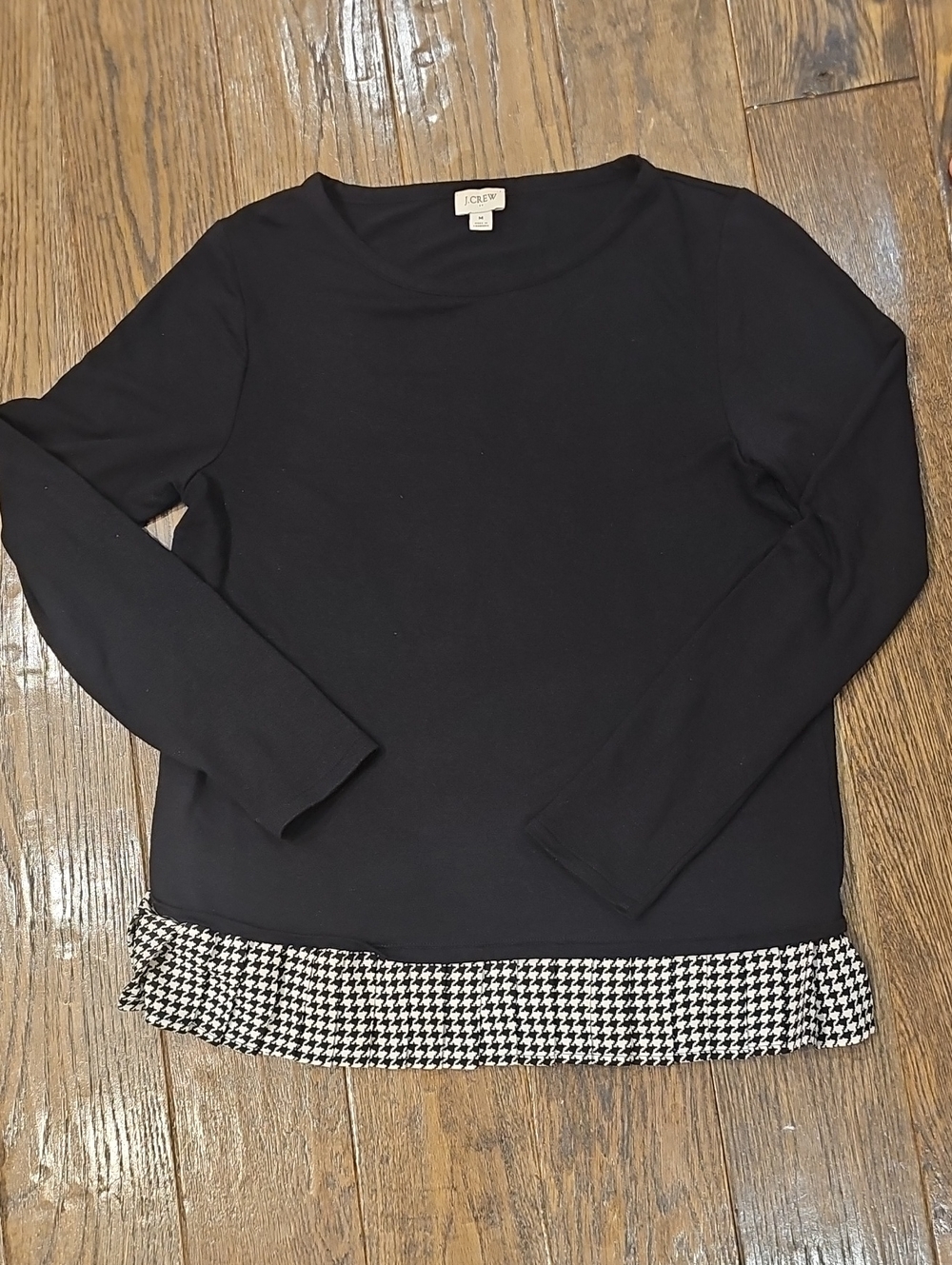 J. Crew Black Long-Sleeve Tee with Black-and-White Houndstooth Hem